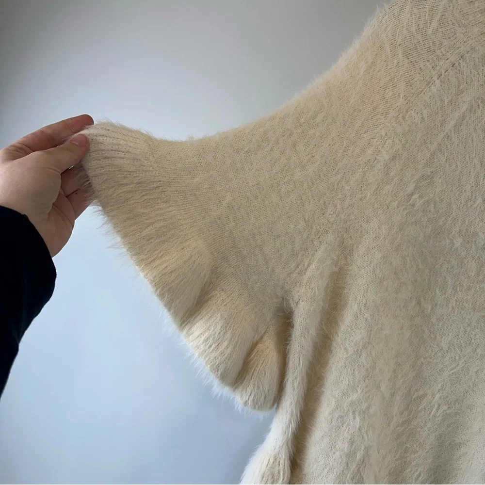 3 Sisters Cream Off White Fuzzy Fluffy Cozy Peplum Bell Sleeve Sweater Medium